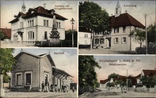 Ak Goldscheuer Kehl am Rhein, Schule, Rathaus, Bahnhof, Kriegerdenkmal