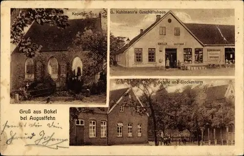 Ak Bokel Apen in Oldenburg Ammerland, Kapelle, Geschäftshaus Kuhlmann, Schule, Glockenturm