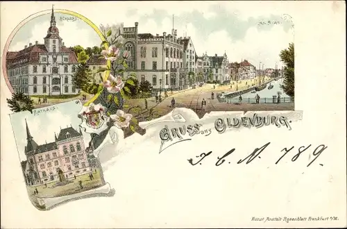 Litho Oldenburg im Großherzogtum Oldenburg, Stau, Schloss, Rathaus