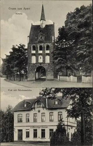 Ak Apen in Oldenburg Ammerland, Kirche, Post, Friedenseiche