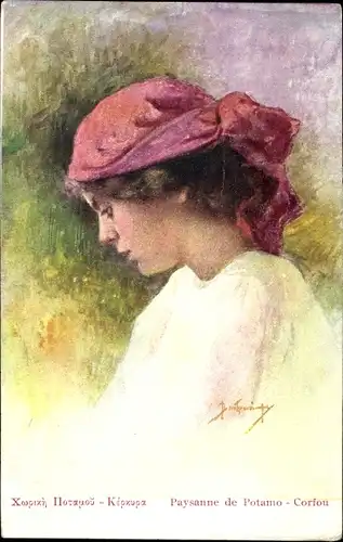 Künstler Ak Potamo Korfu Griechenland, Portrait einer Frau, Kopftuch