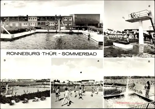 Ak Ronneburg in Thüringen, Sommerbad, Sporthalle 20. Jahrestag, Sprungturm, Volleyballplatz