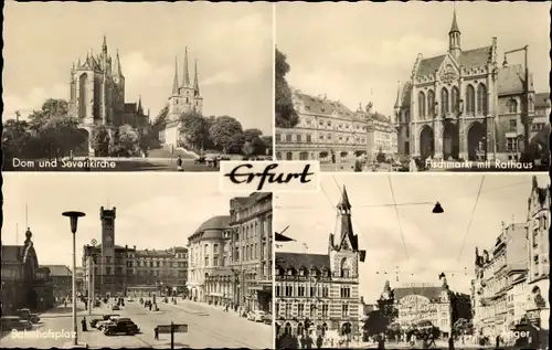 Ak Erfurt in Thüringen, Fischmarkt mit Rathaus, Dom und Severikirche, Bahnhofsplatz