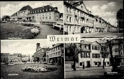 Ak Weimar in Thüringen, Goetheplatz, Hauptbahnhof, Marktplatz, Schillerhaus