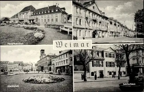 Ak Weimar in Thüringen, Marktplatz, Schillerhaus, Goetheplatz, Hauptbahnhof