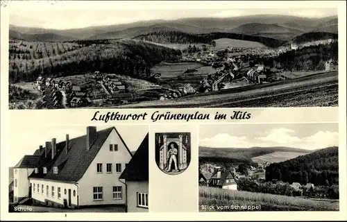 Ak Grünenplan Delligsen Niedersachsen, Panorama, Schule, Blick vom Schneppel