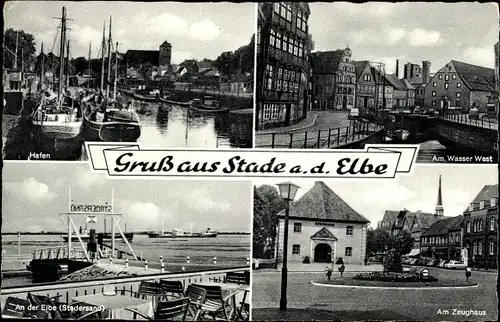 Ak Stade in Niedersachsen, Wasser West, Zeughaus, Hafen, Fischerboote, Elbe, Stadersand