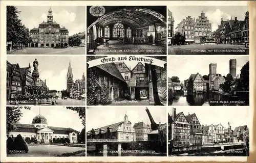 Ak Lüneburg in Niedersachsen, Badehaus, Gerichtslaube im Rathaus aus dem 13. Jh., Am Sande