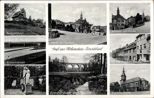 Ak Hohenstein Ernstthal in Sachsen, Rathaus, Kirche, Ehrenmal, Trinitatis-Kirche, Autobahnbrücke