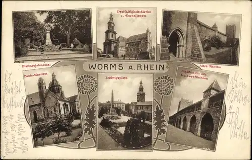 Ak Worms am Rhein, Dreifaltigkeitskirche u. Cornellanum, Altes Stadttor, Bismarckdenkmal