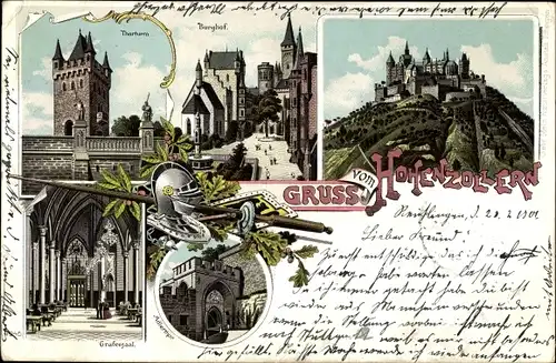 Litho Zimmern Bisingen im Zollernalbkreis, Burg Hohenzollern, Burghof, Torturm, Grafensaal
