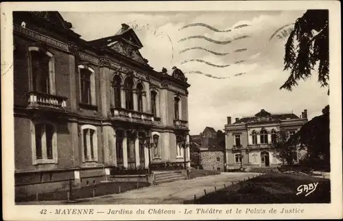 Ak Mayenne, Gärten des Schlosses, Theater und Justizpalast