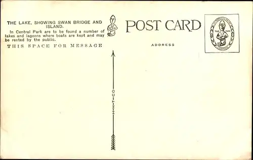 Ak New York City USA, Central Park, See, Schwanenbrücke, Insel