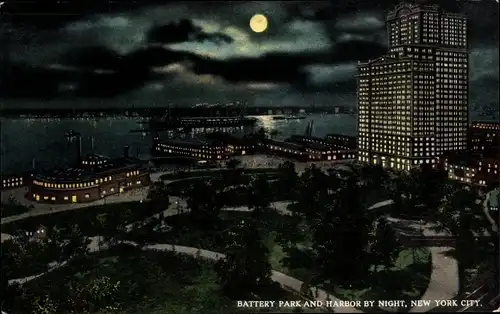 Ak New York City USA, Battery Park, Hafen, Nachtbeleuchtung