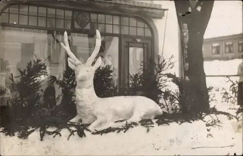 Ak Braunlage im Oberharz, Hirsch aus Schnee am Geschäft