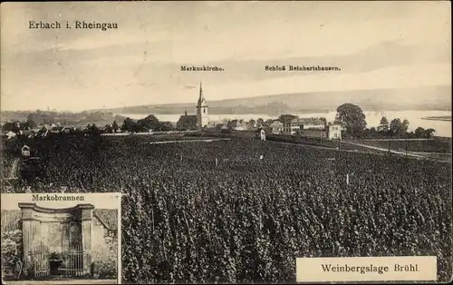 Ak Erbach im Rheingau Eltville am Rhein Hessen, Panorama, Markuskirche, Schloss, Markobrunnen