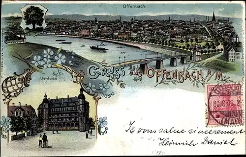 Litho Offenbach am Main Hessen, Panorama, Schloss, Wappen