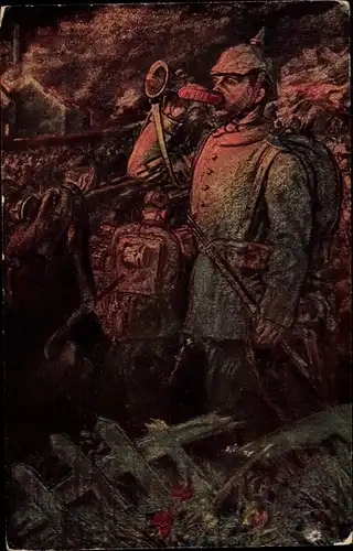Künstler Ak Soldat in Uniform mit Trompete, Wohlfahrtskarte Kriegsblindenstiftung