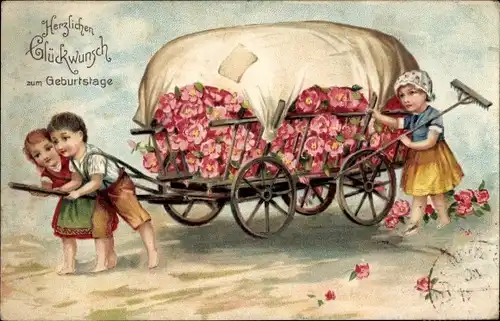 Ak Glückwunsch Geburtstag, Kinder ziehen Karren mit Blumen