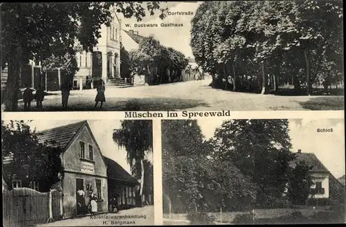 Ak Müschen Burg im Spreewald, Dorfstraße, W. Buckwars Gasthaus, Kolonialwarenhandlung, Schloss