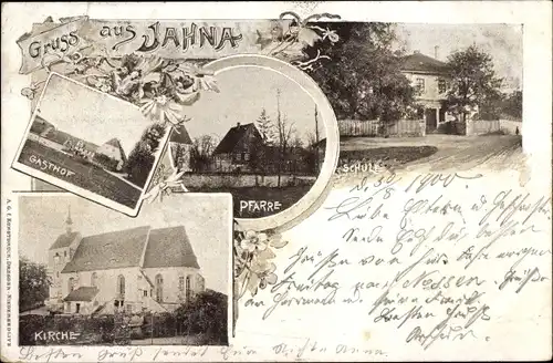 Ak Jahna Ostrau in Sachsen, Schule, Gasthof, Pfarre, Kirche