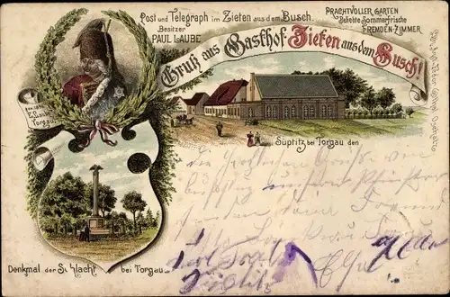 Litho Süptitz Dreiheide Nordsachsen, Gasthof Zieten aus dem Busch, Denkmal