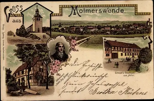 Litho Molmerswende Mansfeld im Harzvorland, Gasthaus zum Adler, Geburtshaus August Bürger