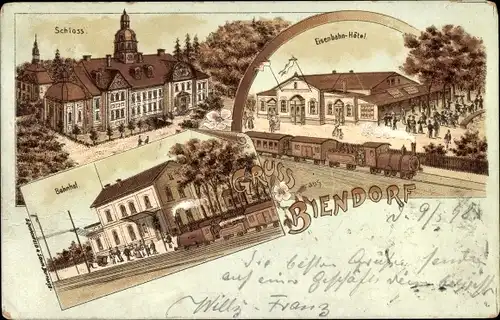 Litho Biendorf Bernburg an der Saale, Eisenbahn-Hotel, Bahnhof, Gleisseite, Schloss