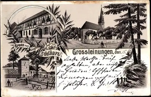 Litho Großleiningen Sangerhausen im Kreis Mansfeld Südharz, Kirche, Gasthof Post