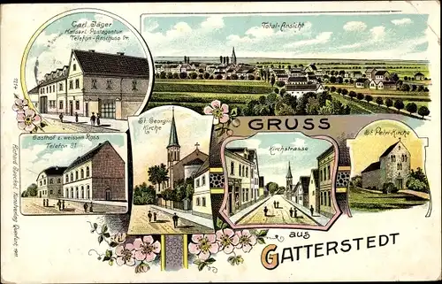 Litho Gatterstedt Gatterstädt Querfurt im Saalekreis, Postagentur, Gasthof zum weißen Ross, Kirche