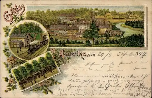 Litho Amerika Penig in Sachsen, Bahnhof, Gleisseite, Dampflok, Panorama