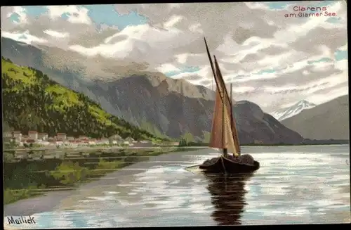 Künstler Ak A. Mailick, Clarens am Glarner See, Segelboot