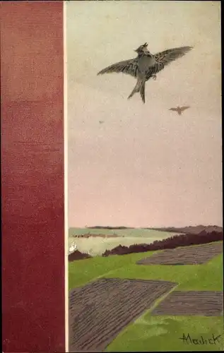 Künstler Ak Mailick, Landschaftsmotiv, Schwalbe