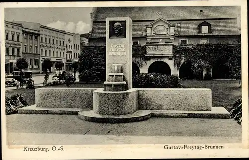 Ak Kluczbork Kreuzburg Oberschlesien, Gustav-Freytag-Brunnen