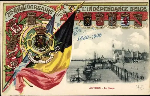 Wappen Ak Antwerpen Antwerpen Flandern, Le Steen, 75. Jahrestag der belgischen Unabhängigkeit 1905