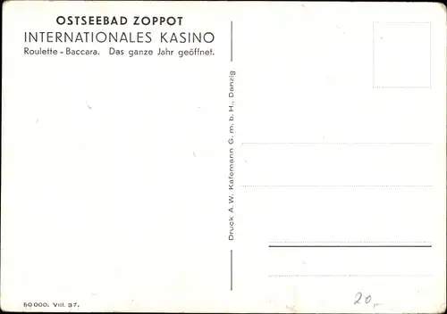 Ak Zoppot Gdańsk Danzig, Internationales Kasino, Blauer Saal, Gelber Saal, Kurgarten