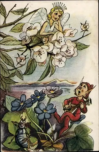 Ak Singende Elfe, Fee, Käfer, Blumen