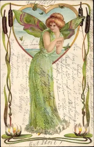 Litho Glücksfee mit grünen Flügeln, Fabelwesen, Seerose