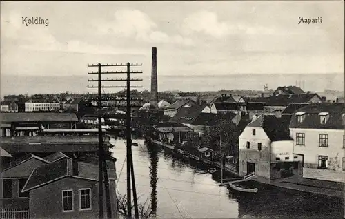 Ak Kolding Dänemark, Aapartie, Flusspartie, Teilansicht vom Ort, Schornstein