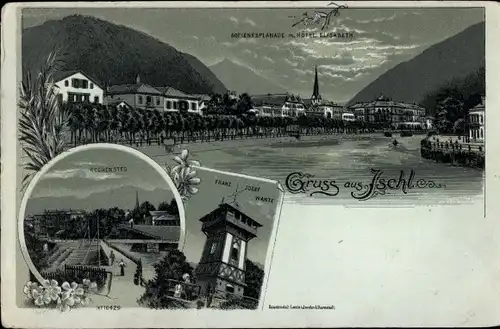 Mondschein Litho Bad Ischl in Oberösterreich, Franz Josef Warte, Sofienesplanade, Hotel Elisabeth