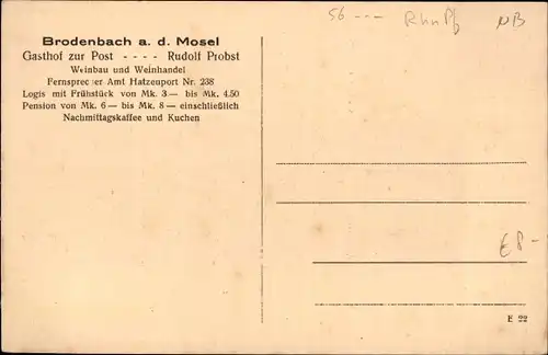 Lied Ak Brodenbach an der Mosel, Gasthof zur Post