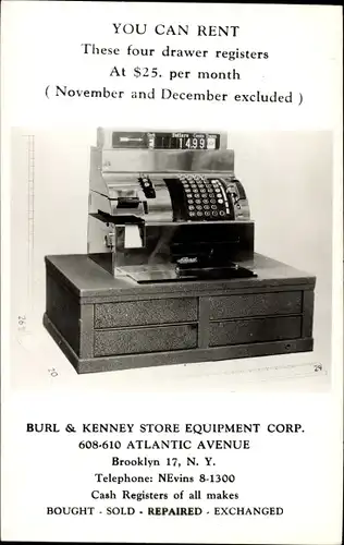 Ak Brooklyn New York City USA, Reklame, Registrierkasse, Burl & Kennedy Store Equipment Co.