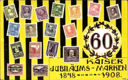 Briefmarken Ak 60. Regierungsjubiläum Kaiser Franz Joseph I., 1848-1908