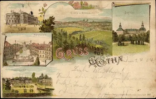 Litho Gotha in Thüringen, Schloss Friedenstein, Theater, Marktplatz