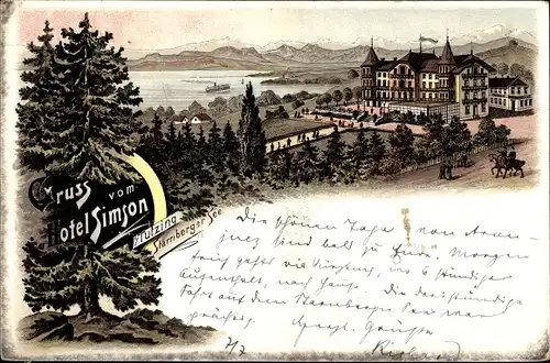 Vorläufer Litho Tutzing in Oberbayern, Hotel Simson, Starnberger See, 1895