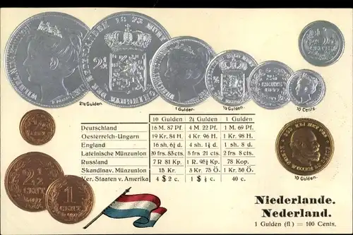 Präge Ak Niederlande, Münzen, Fahne, Gulden
