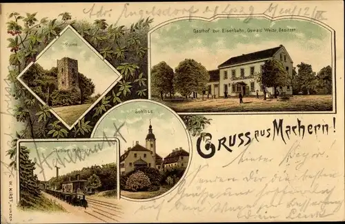 Litho Machern Sachsen, Ruine, Gasthof zur Eisenbahn, Bes. Karl Himstedt