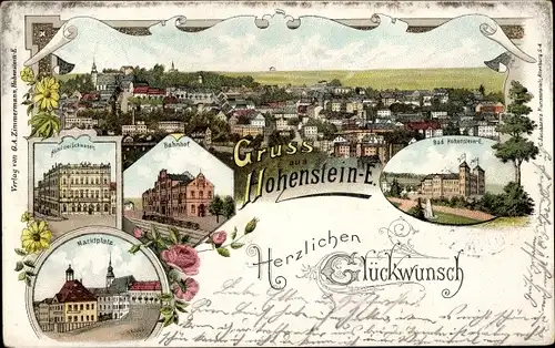 Litho Hohenstein Ernstthal in Sachsen, Bad, Bahnhof, Marktplatz, Hotel Drei Schwanen, Totalansicht