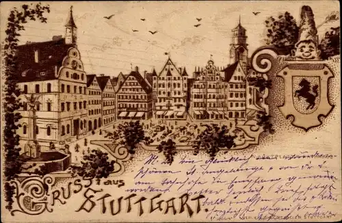 Litho Stuttgart in Württemberg, Marktplatz, Holzbrandimitat