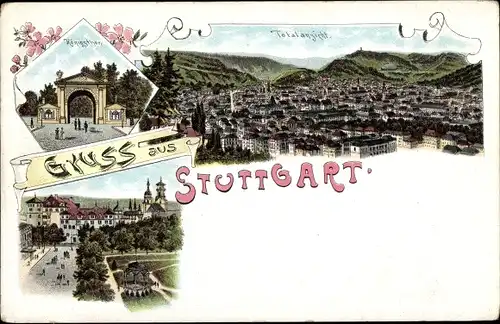 Litho Stuttgart am Neckar, Königstor, Gesamtansicht